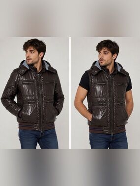 SYN Men’s Brown‎ cotton Puffer Vest/Jacket Removable Sleeves Full Zip Hooded (M)